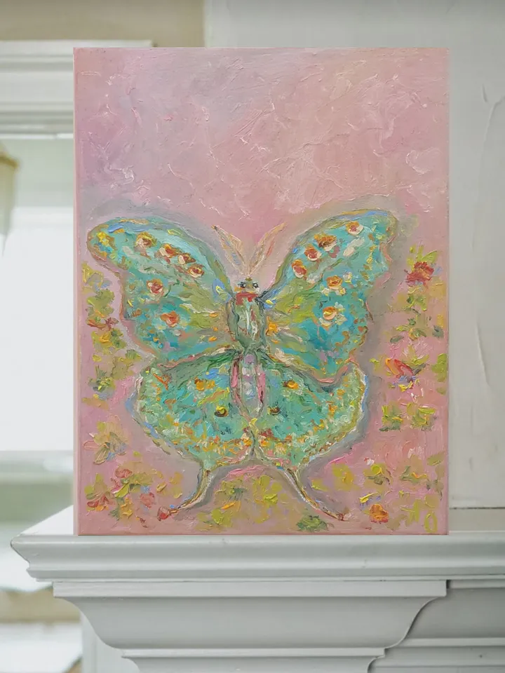 Oil painting on canvas "Silk butterfly" 25x35cm (10x14 inches) in shabby chic style