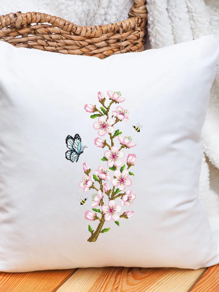 Cherry blossom branch cross stitch pattern PDF download Spring flowers cross stitch chart, Floral pattern digital PDF, Sakura blossom #P54