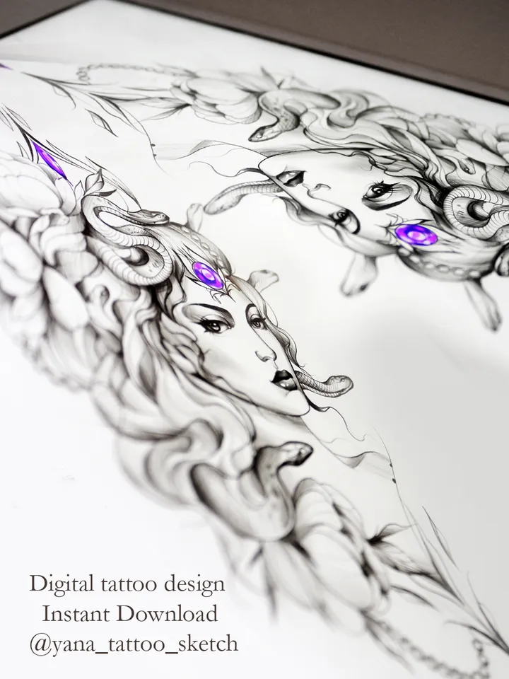 Medusa Tattoo Design Gorgon Medusa Tattoo Idea Stencil Sketch Female, Instant download PDF, JPG