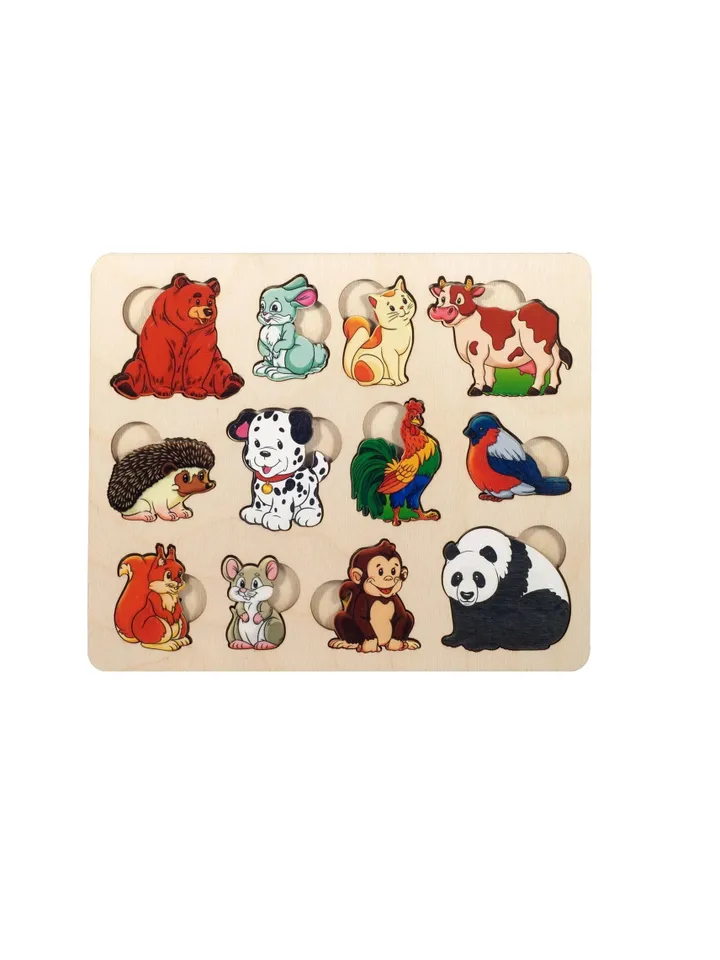 Wooden Puzzle - animals and food, Montessori toddler toy, preschool toy