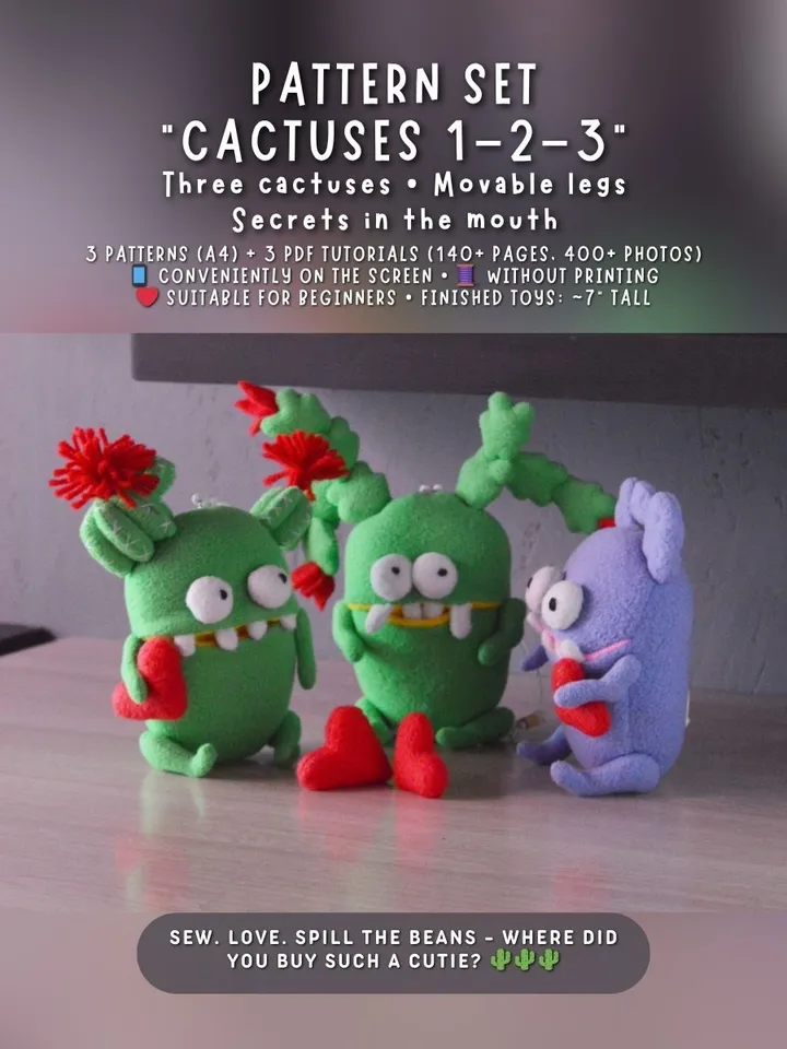 PDF Plush Pattern Bundle – 3 Cactus Toys with Mouth Pocket