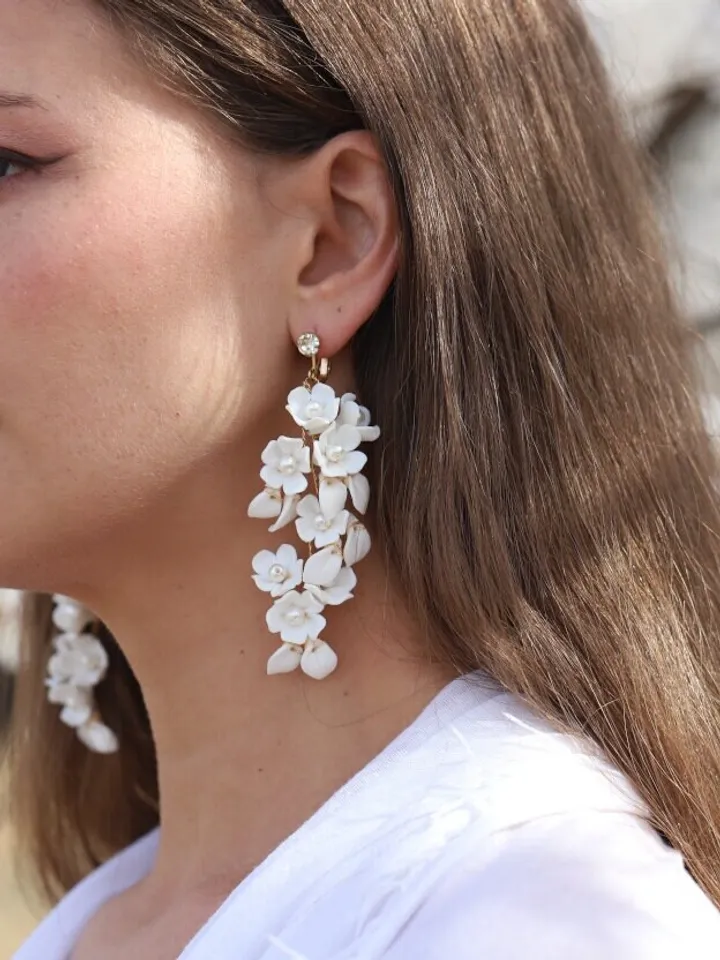 AVRIL , Delicate Pocelain Flowers and Leaves Boho Statement Wedding Earrings, Floral Bohemian Bridal Earrings, Leaf Wedding Earrings