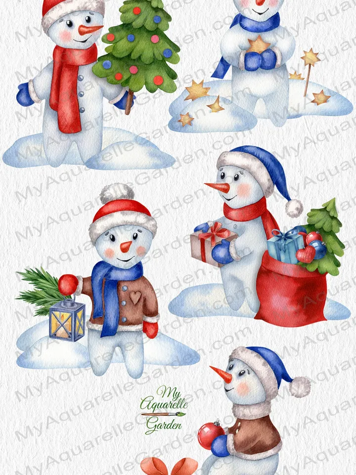 Snowmen Gold stars Fir Gift boxes Watercolor hand-painted (not AI) art Xmas New Year Winter DIY invitations cards stickers Scrapbooking Printable PNG