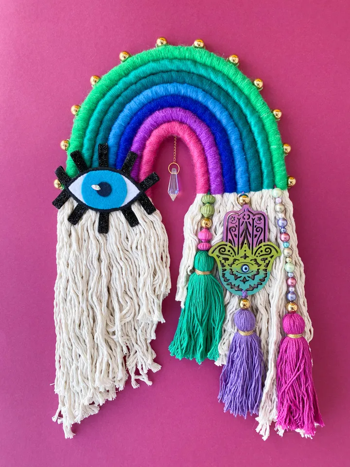 Unique birthday gift, Hamsa hand with evil eye wall decor, Macrame rainbow wall hanging, sun catcher crystal