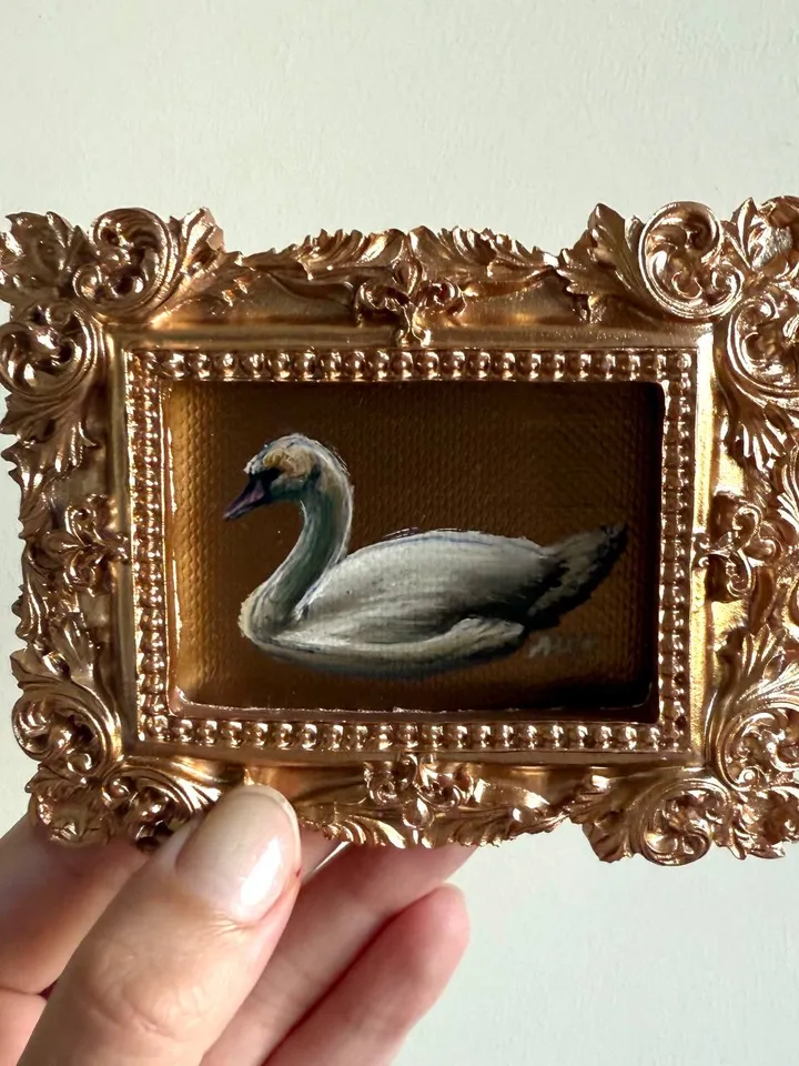 Framed Swan Oil Painting Original White Swan Art Bird Painting Gold Frame Dark Academia