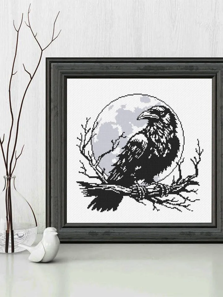 Raven cross stitch pattern PDF download Woodcut crow cross stitch chart, Gothic pattern digital PDF, Full moon, Halloween pattern #L88