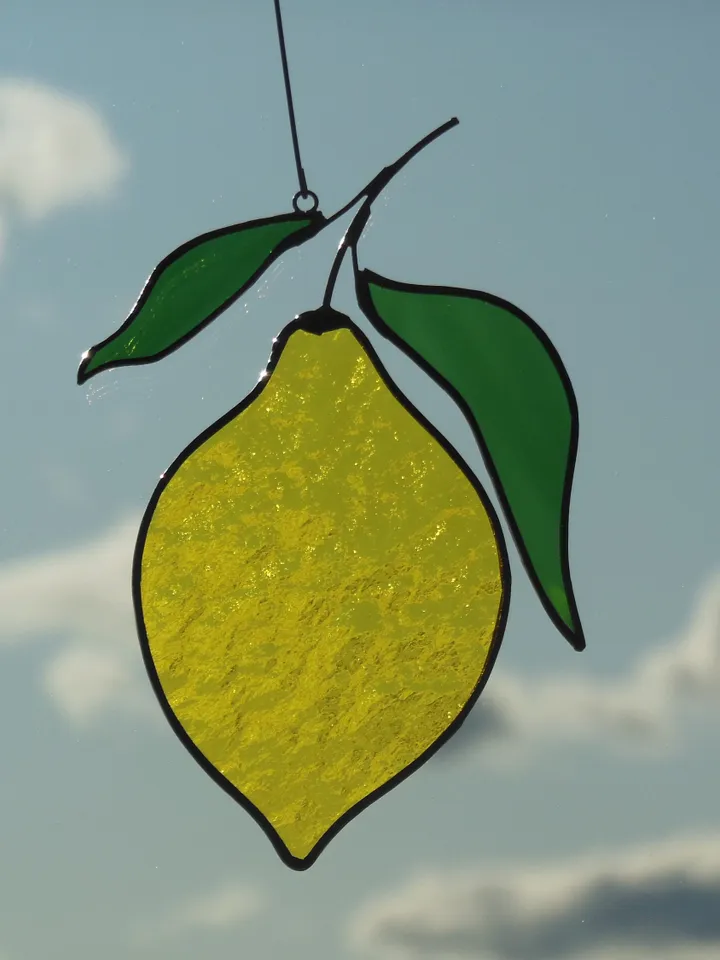 Lemon stained glass window hanging Suncatcher (texture RR) Fruit Kitchen Decor