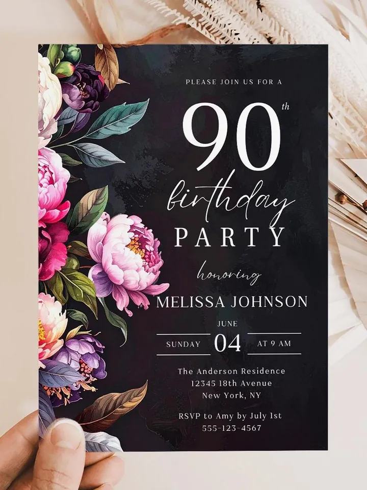 90th Birthday Invitation for women – Moody Burgundy & Blush Peony Floral Invitation, Elegant Dark Men Birthday Party Invite Canva Template