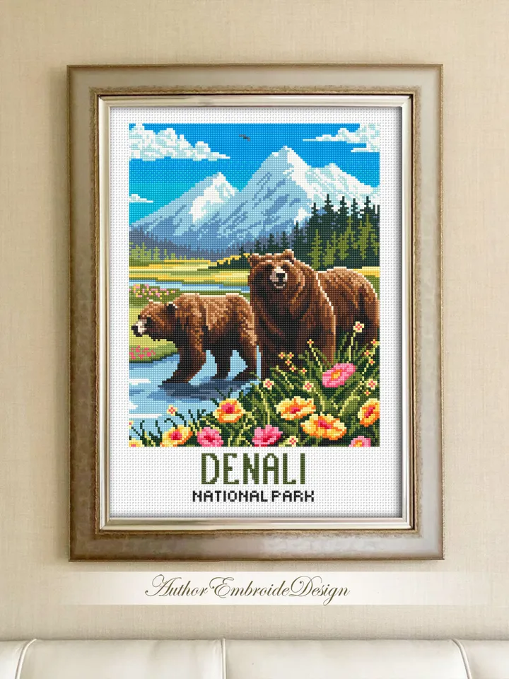 Denali national park cross stitch pattern PDF download Bear cross stitch chart, Mountain landscape pattern digital PDF, Travel poster #L99