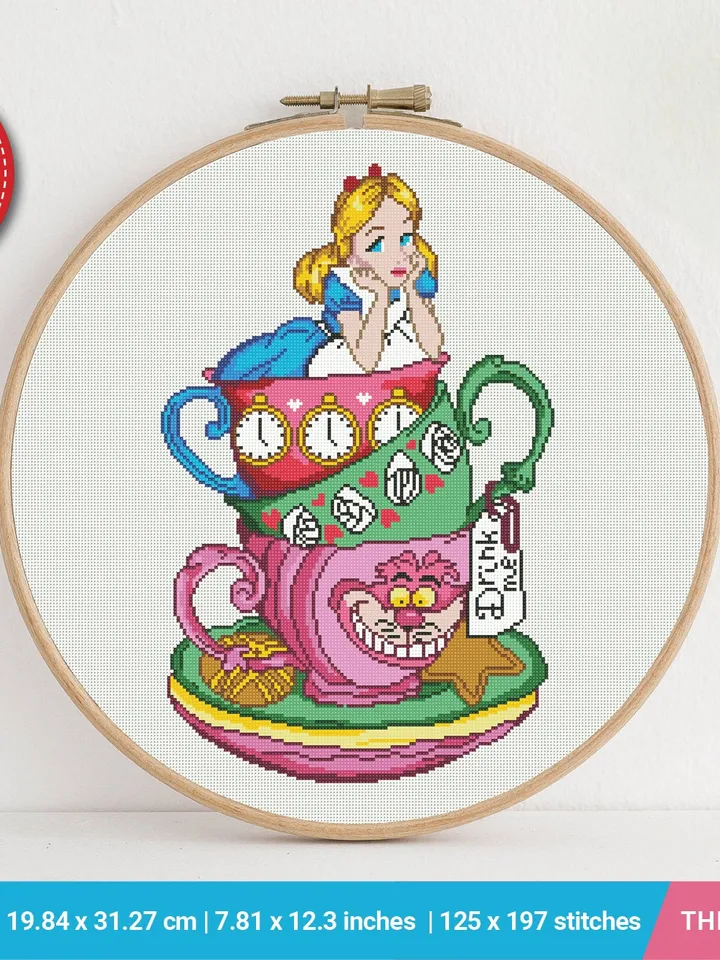 Alice in Wonderland Cups cross stitch pattern, Kitchen decor, Love, counted, chart, gift DIY, embroidery, instant PDF