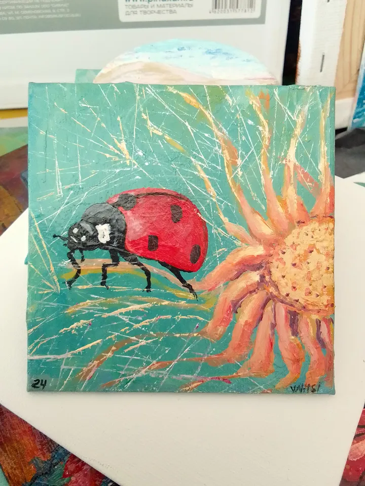 Mini oil Painting flowers with a Ladybug oil canvas on magnet