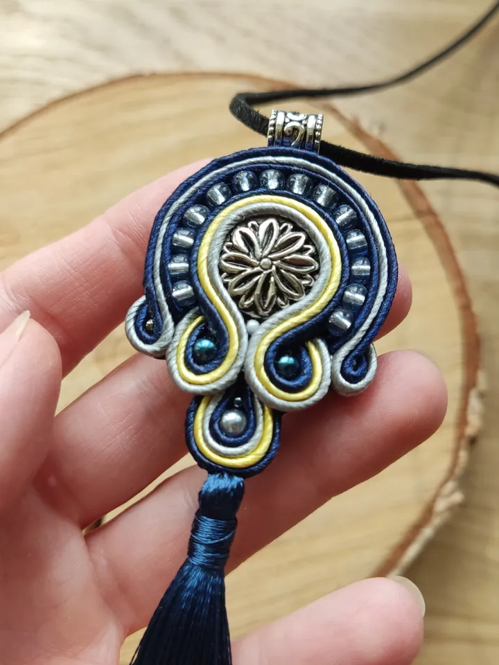 Blue tassel necklace and earrings, Boho Necklace, Soutache jewelry set, Ethnic necklace, Mandala