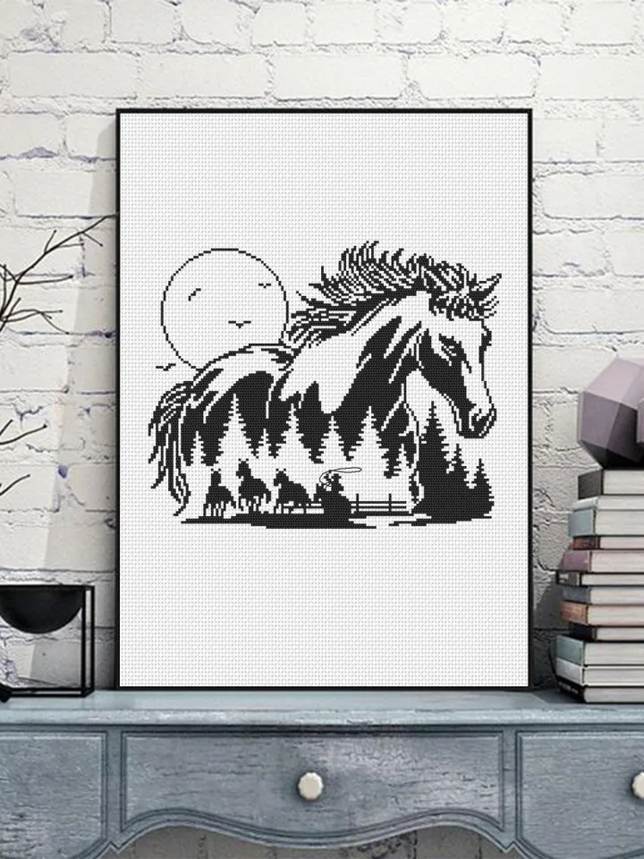 Horse cross stitch pattern PDF download Horse silhouette cross stitch chart, Monochrome nature pattern digital, Gift for horse lover #L84