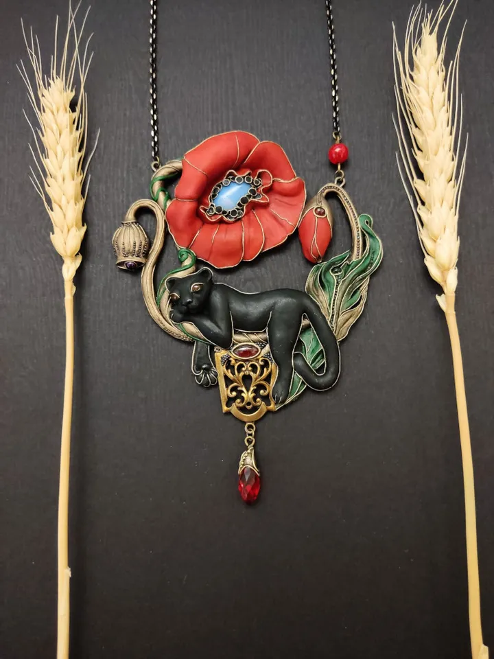 Poppy red necklace, Poppy pendant, Panther necklace, Black Panther, Panther pendant
