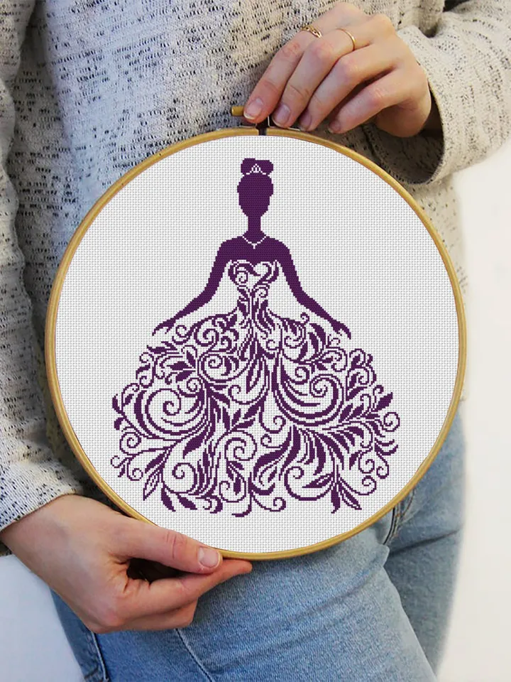 Wedding Dress cross stitch pattern download PDF Silhouette bride cross stitch chart, Monochrome cross stitch mandala dress, Home decor #M193