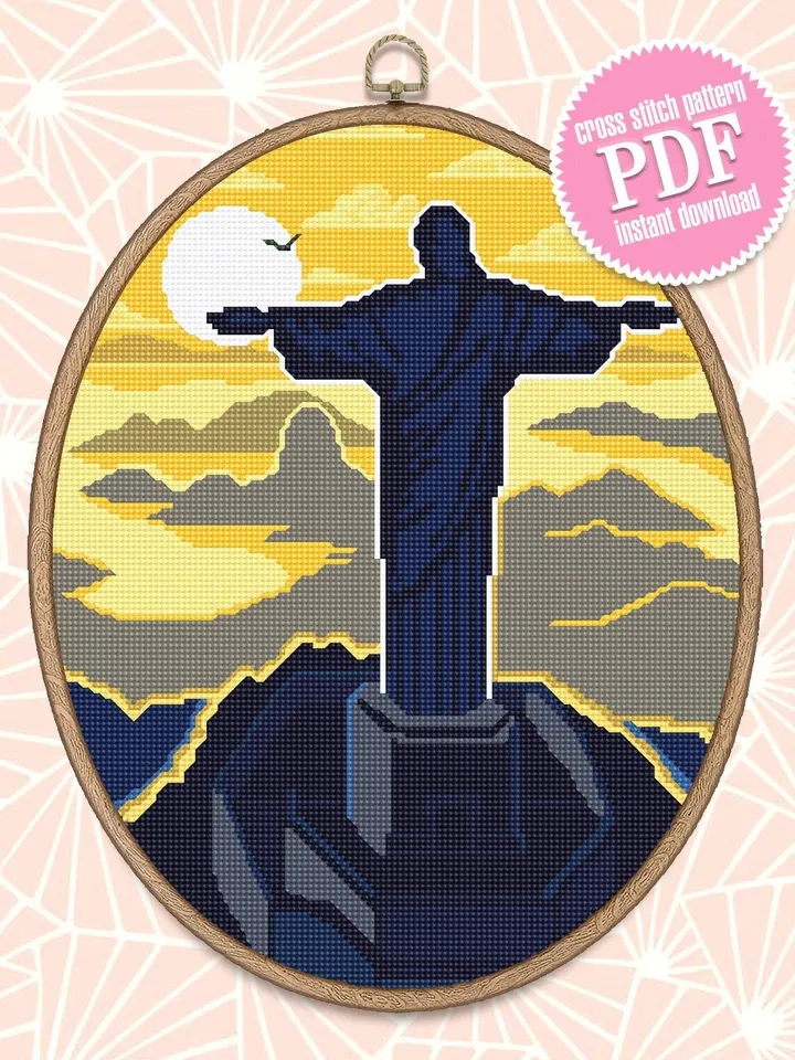 Brazil Rio de Janeiro cross stitch pattern PDF download Sampler Jesus statue xstitch chart Travel cross stitch cities Sunset pattern PDF #E9