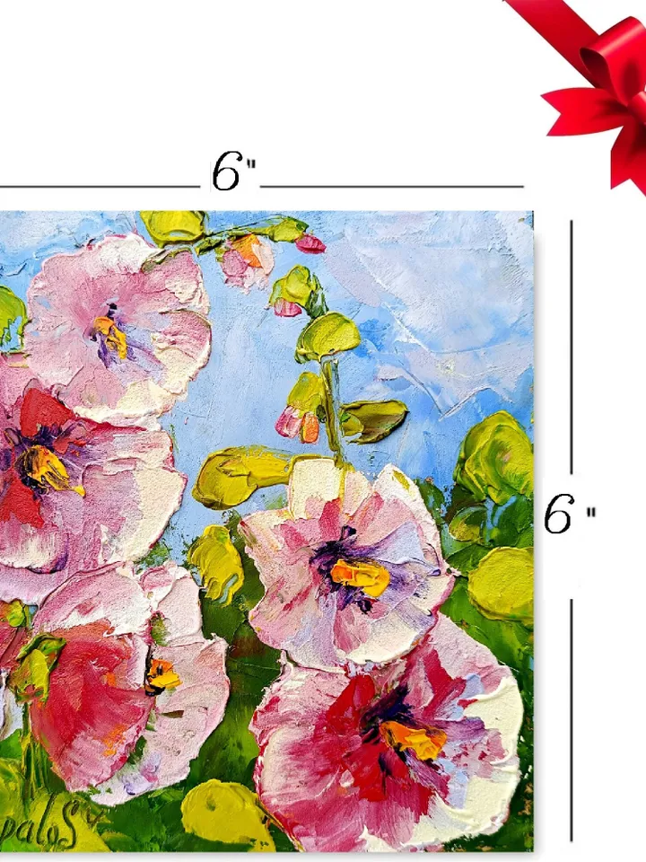 Mallow Painting Flowers Oil Painting Floral Original Fine Art Impasto Painting Hollyhocks Artwork 6x6 by ArtProkopaloSv