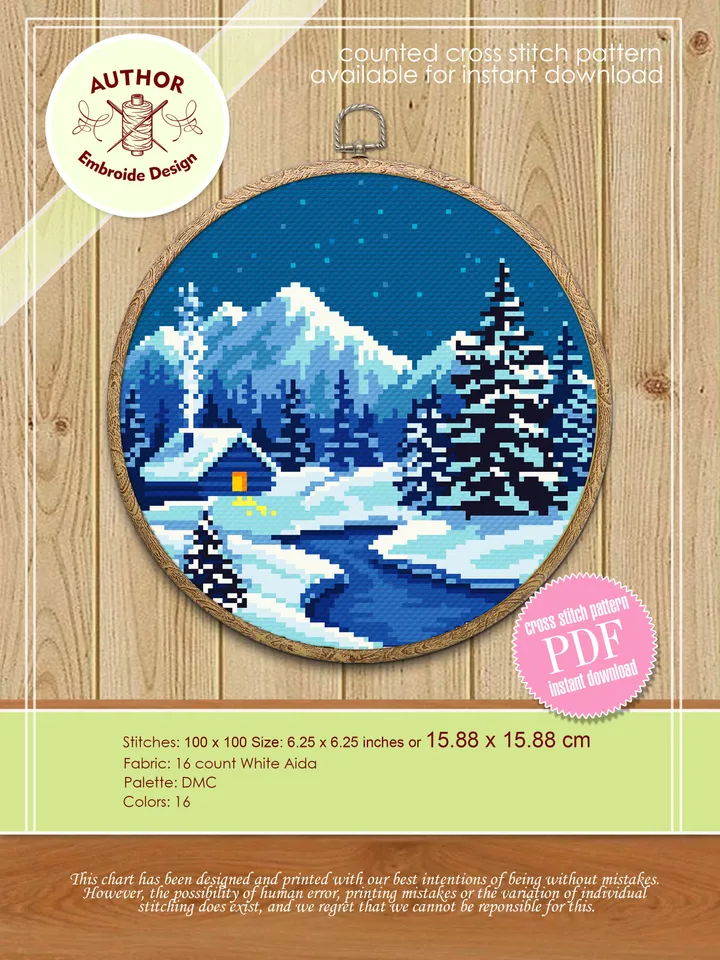 Winter cross stitch pattern download PDF Mountain landscape embroidery Winter forest cross stitch chart Starry night Winter house PDF #L33