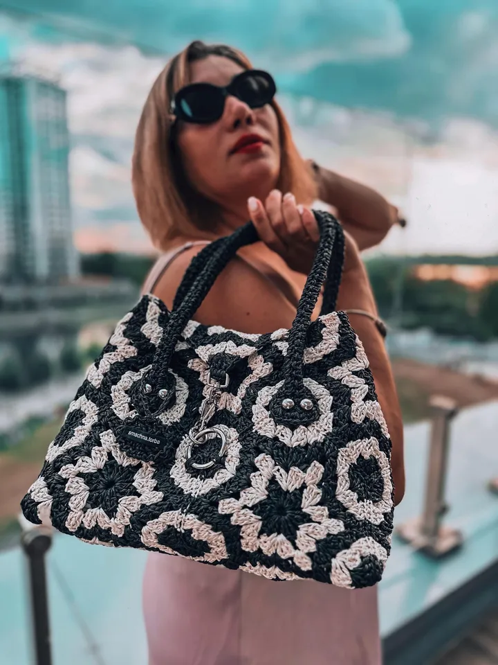 Raffia monochrome women handbag, Eco-Friendly, shoulder tote, autumn women bag, boho hobo pouch, cottegecore, black white clatch, market han