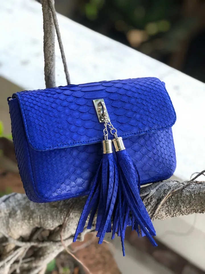 Bright blue Python skin tassel bag | electric blue chain crossbody bag | Leather designer bag | Exotic skin bag | Small crossbody Bag tassel