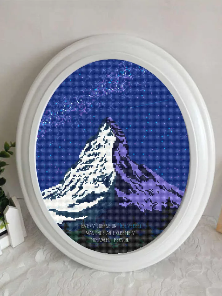 Modern cross stitch pattern download PDF Mountain landscape cross stitch Mount Everest beginner stitch Starry night sky Nature xstitch #L31