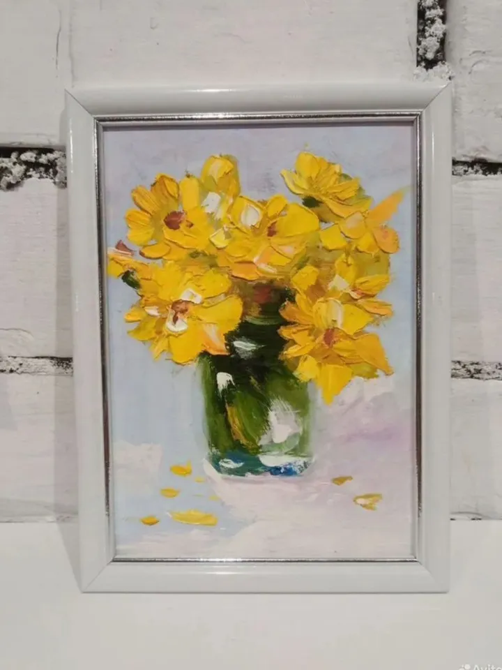 Yellow flowers painting Original Art Impasto Oil Painting Сardboard Painting