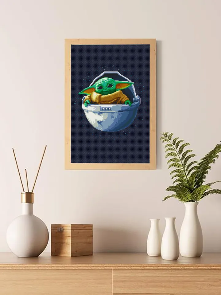 Green baby Yoda Grogu cross stitch pattern instant download PDF, Fantasy movie Mandalorian heroes cross stitch chart, Fun art, Star Wars Characters, Starry night sky #SW2