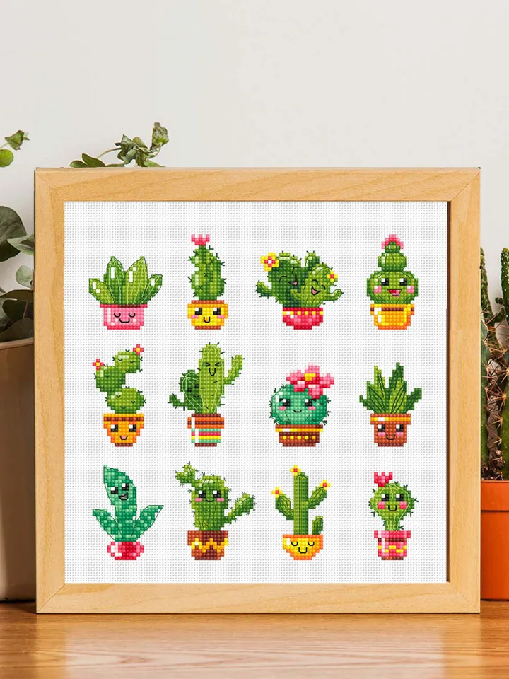Kawaii cactus cross stitch pattern PDF download Funny succulent plants cross stitch chart, Cactus pattern digital PDF, Plant lover gift #P48