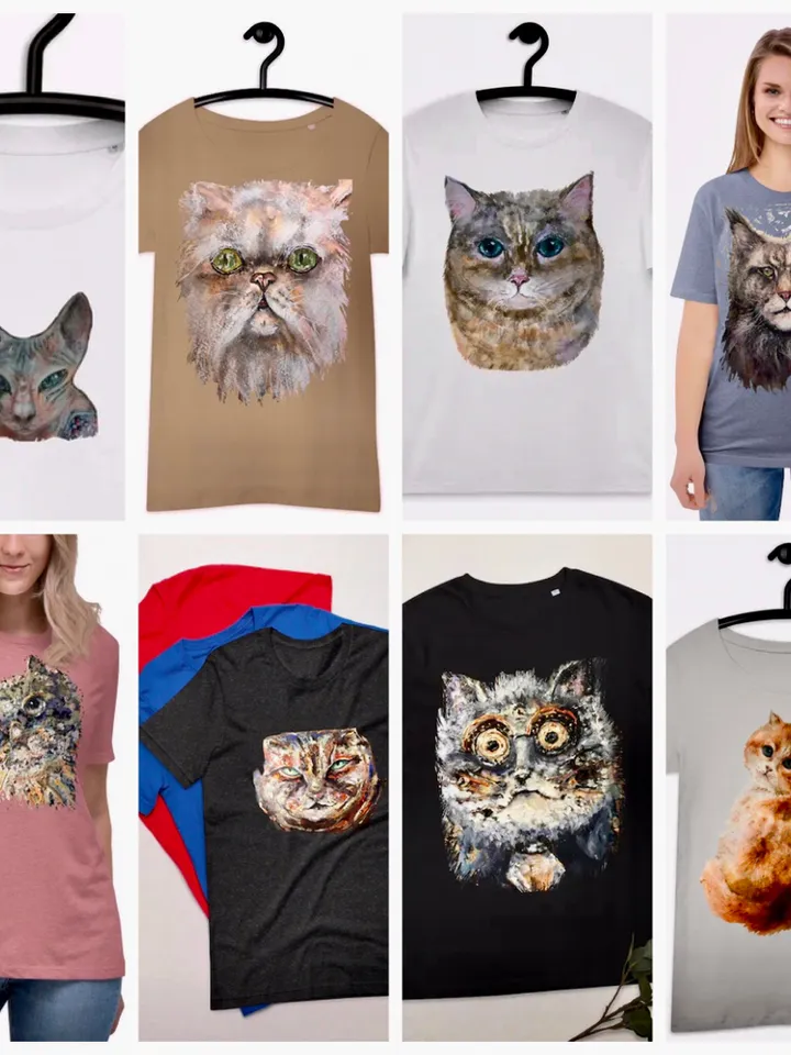 Mystery Cat Short-Sleeve Unisex T-Shirt made with my original mix media artwork,unique handmade cat t shirts,cat lovers wearable gifts.