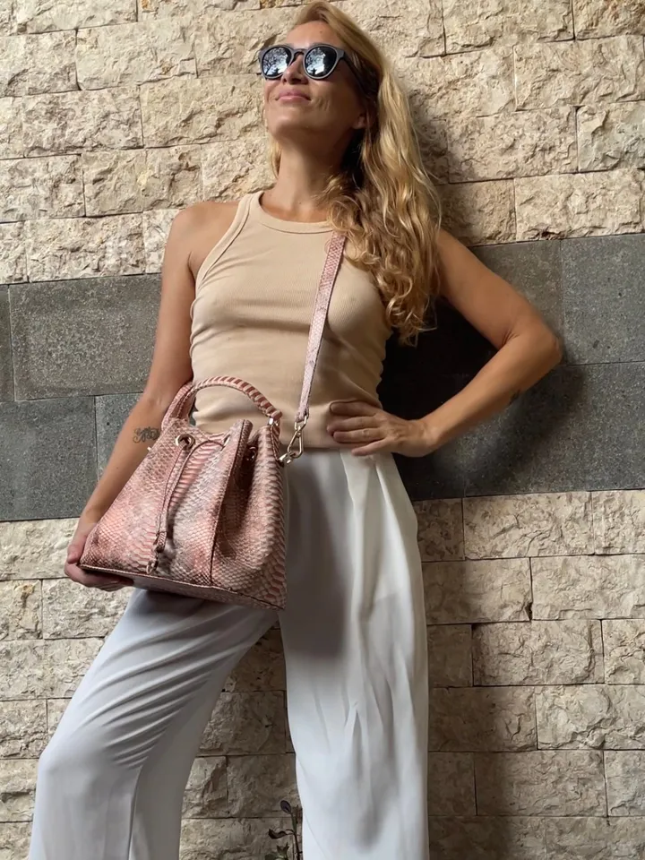 Genuine python skin peachy gold bucket crosshandle bag designer women purse | classy elegant crossbody PAULA bag | exotic leather bags |