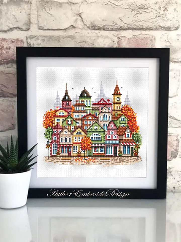 Fall houses cross stitch pattern PDF download Autumn cross stitch chart, Autumn city pattern digital PDF, Urban landscape, Home decor #E18