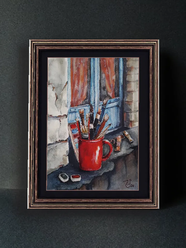 Watercolor painting.
Still life of the artist. Red mug and brushes 21x30 cm (8.3 х 11,7 inches)