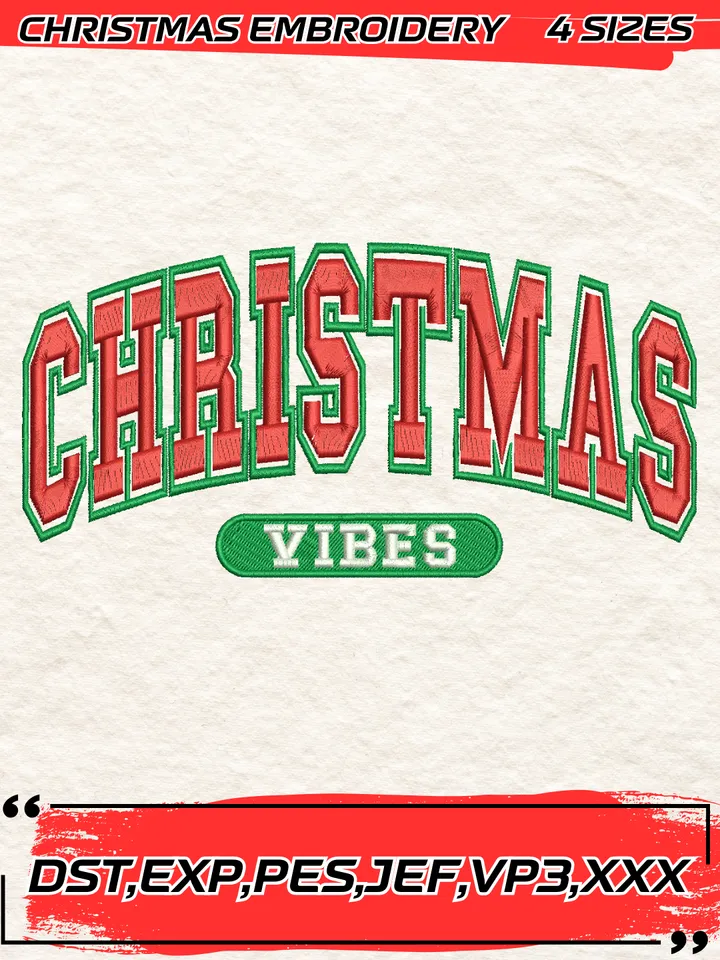 Christmas Vibes Embroidery Design,Christmas Embroidery Design,4 Sizes, Digital Download