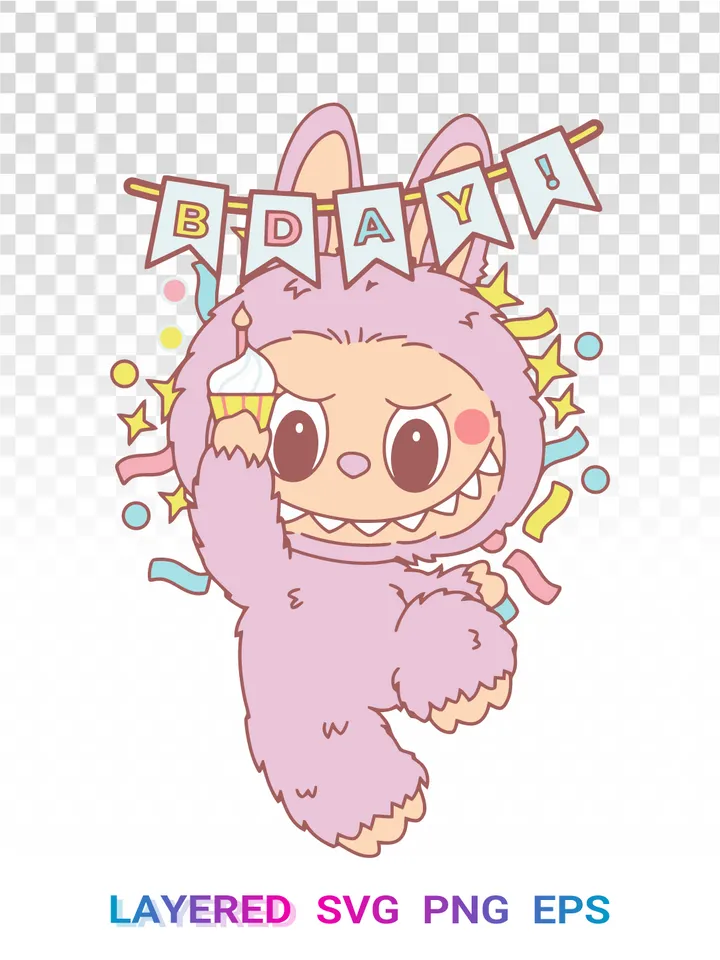 Labubu Birthday PNG SVG, BDAY Banner Kawaii Celebration