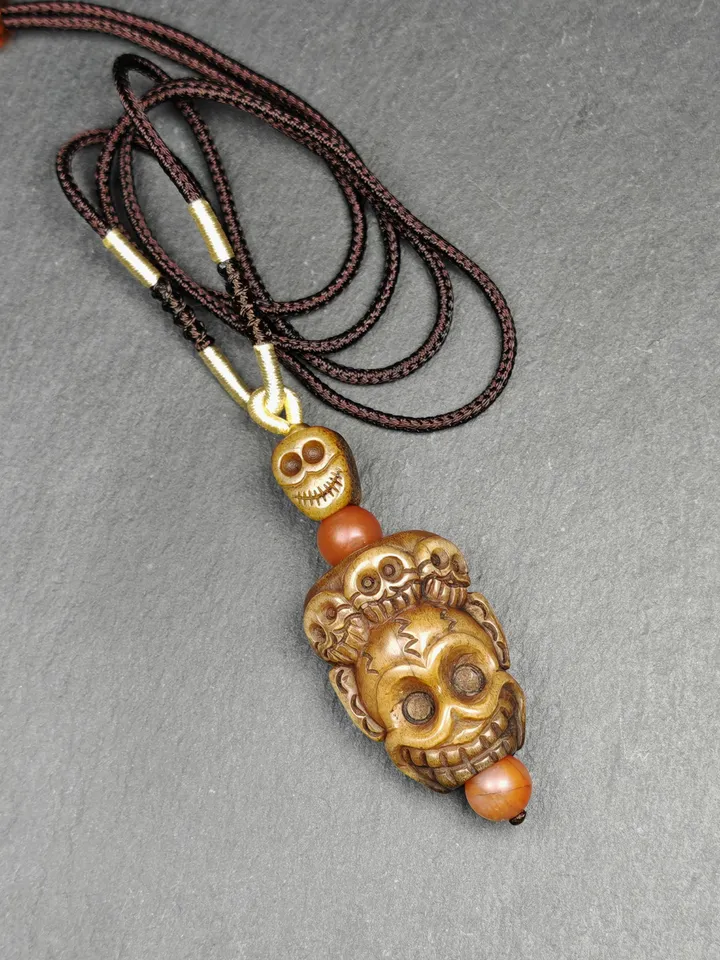 Unique Citipati Skull Protective Charm,Gandhanra Vintage Tibetan Amulet,Spiritual Necklaces,Made of Deer Antlers and Kapala