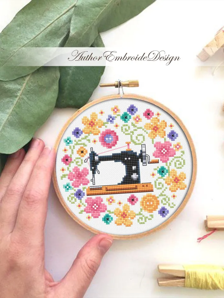 Floral sewing machine cross stitch pattern PDF instant download Sewing cross stitch chart, Floral pattern digital PDF Sewing room decor #O24