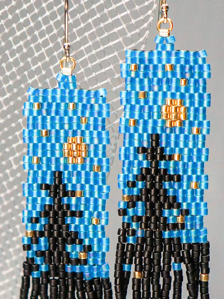 Trees-Patterned light blue sky at night Japanese Bead and sterling Silver Earrings A Fusion of Elegance and Nature