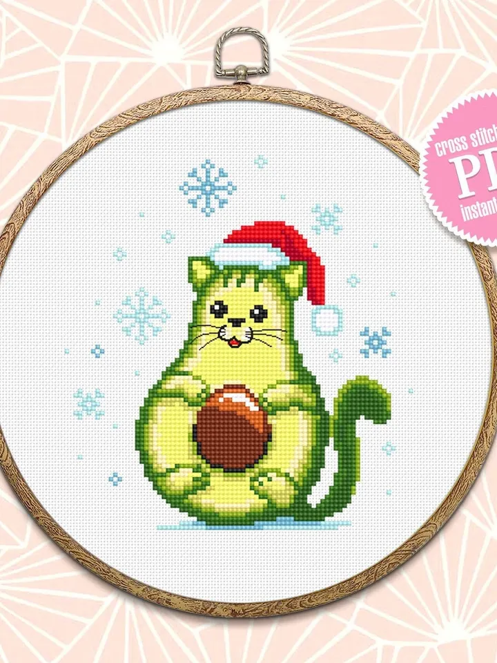 Kawaii Christmas avocado cross stitch pattern download PDF, Funny avocato, Holiday embroidery beginner, Cute kawaii cat cross stitch #N71