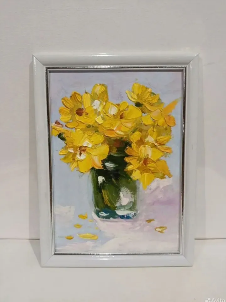 Yellow flowers painting Original Art Impasto Oil Painting Сardboard Painting