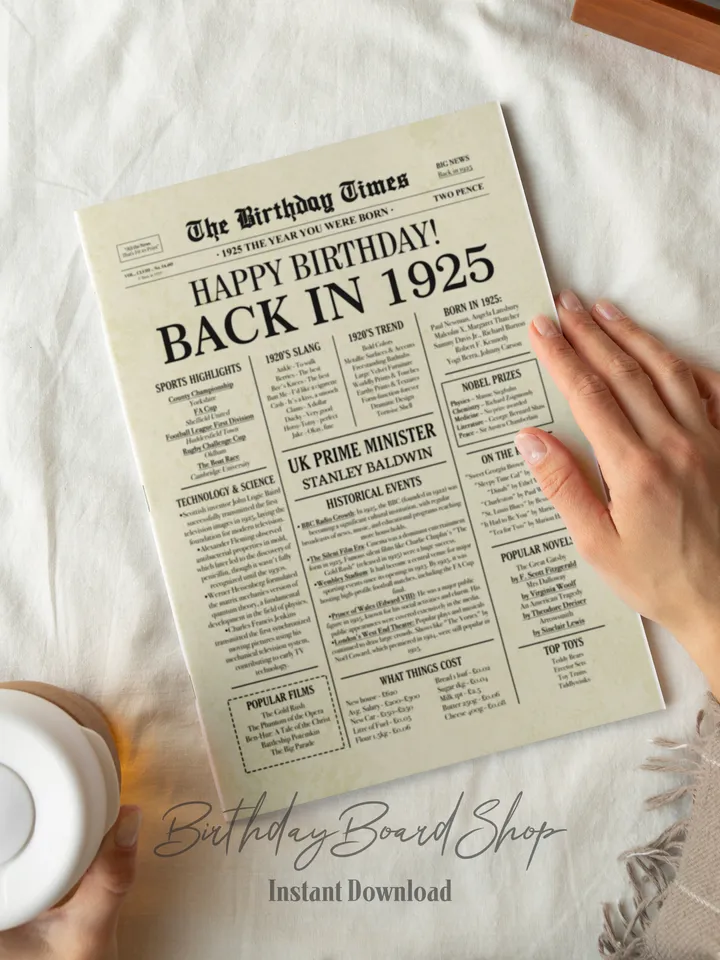 Back in 1925 United Kingdom | 100th Birthday Newspaper Sign | 1925 Birthday Poster UK |100th Birthday Gift | 100 years ago back in 1925