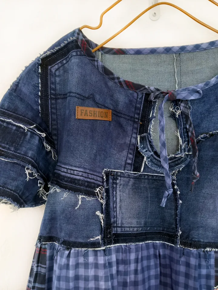 Boho style denim dress by recycled jeans and shirts