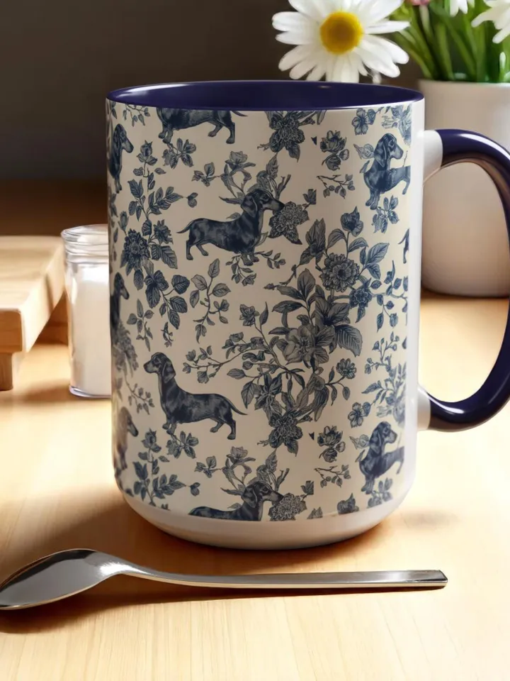 Dachshund French Toile de Jouy Ceramic Mug, Toile Coffee Cup for Doxie Mom, Sausage Dog Lover Gifts, Dog Tea Drinkware, Gift For Dog Lovers