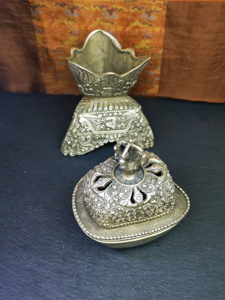 Gandhanra Handmade Tibetan Buddhist Offering Bowl,Kapala Skull Cup Set,Ritual Implement,Made of White Copper,7" Height