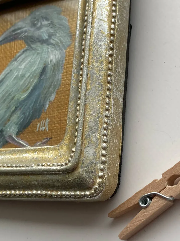 Framed Albino Raven Painting Small Original Witch’s Friend Artwork Crow Art Tiny Oil Painting Bird