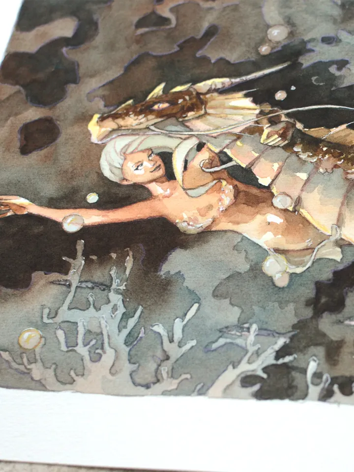 Mermaid and Water Dragon Painting Original fantasy art by Yulia Evsyukova