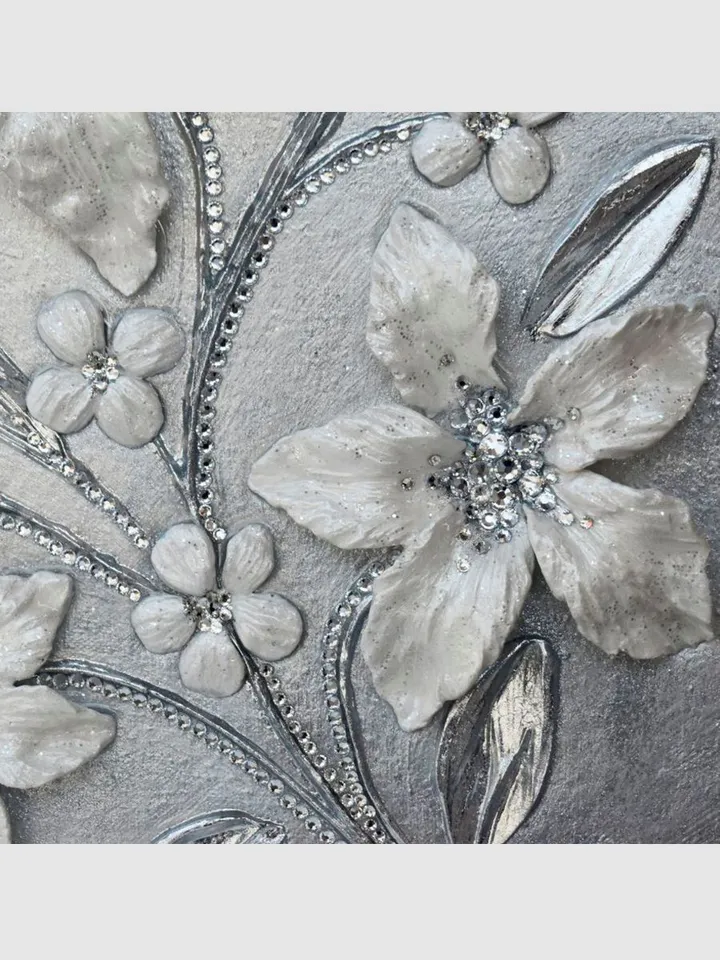 White Pearl Lilies Floral artwork | Silver Glittery Textured Flower Original Painting with Crystal