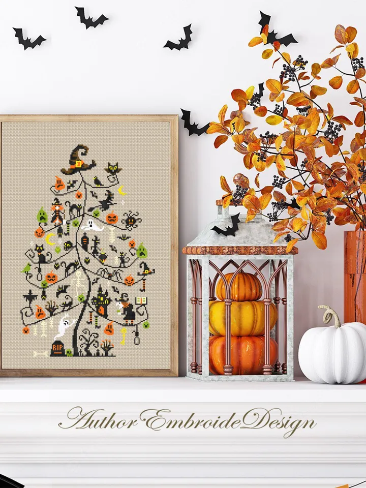 Halloween Christmas tree cross stitch pattern PDF download Witch cross stitch chart, Halloween pattern digital PDF Scary Christmas gift #H68