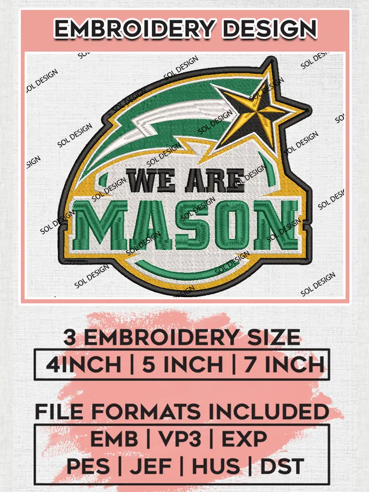 NCAA We Are Mason College Team Logo Embroidery Design Files, NCAA George Mason Patriots  Machine Embroidery, NCAA Teams, 3 sizes, NCAA Machine embroidery designs, Digital Download