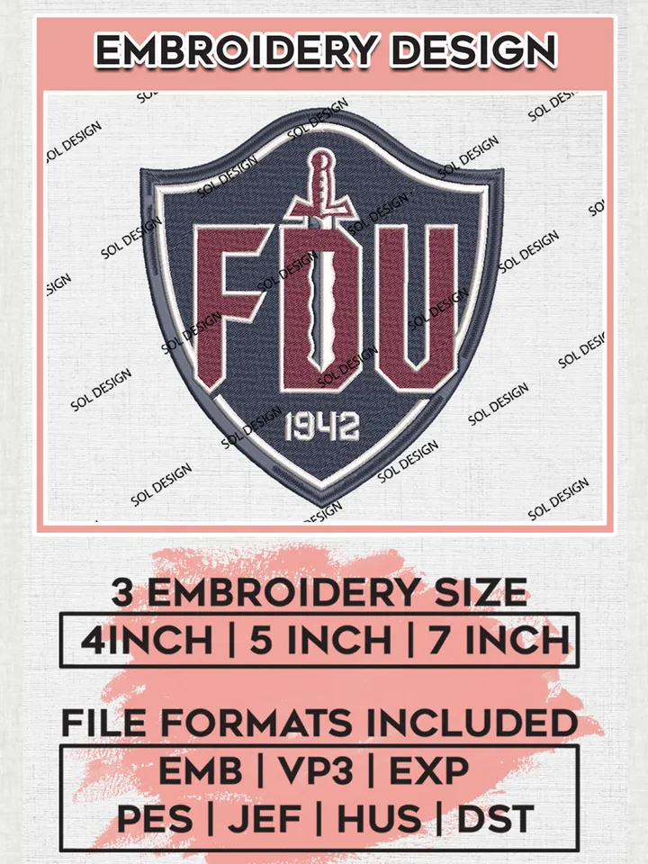 NCAA FDU Knights Team Est 1842 Logo Embroidery Design Files, NCAA Fairleigh Dickinson Knights Machine Embroidery, NCAA Teams, 3 sizes, NCAA Machine embroidery designs, Digital Download