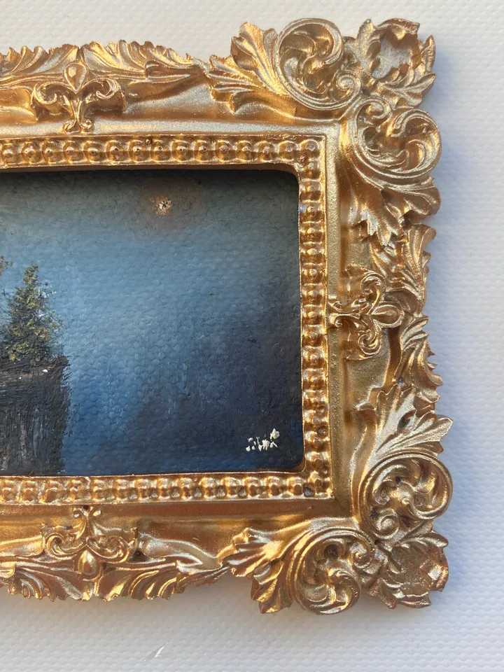 Small Landscape Oil Painting Framed Original Foggy Cliff Painting Antique Misty Art Gold Frame Tiny Paintings 3 x 4 Art